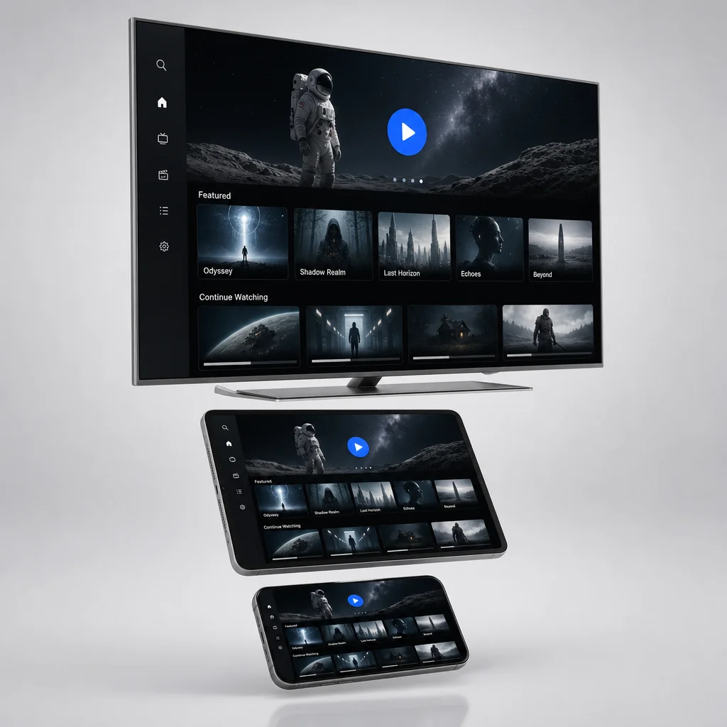 TV, tablet, and phone displaying the same branded IPTV interface