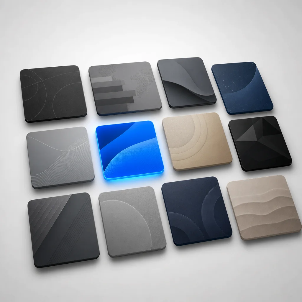 Grid of content category tiles with one signal-blue tile highlighted