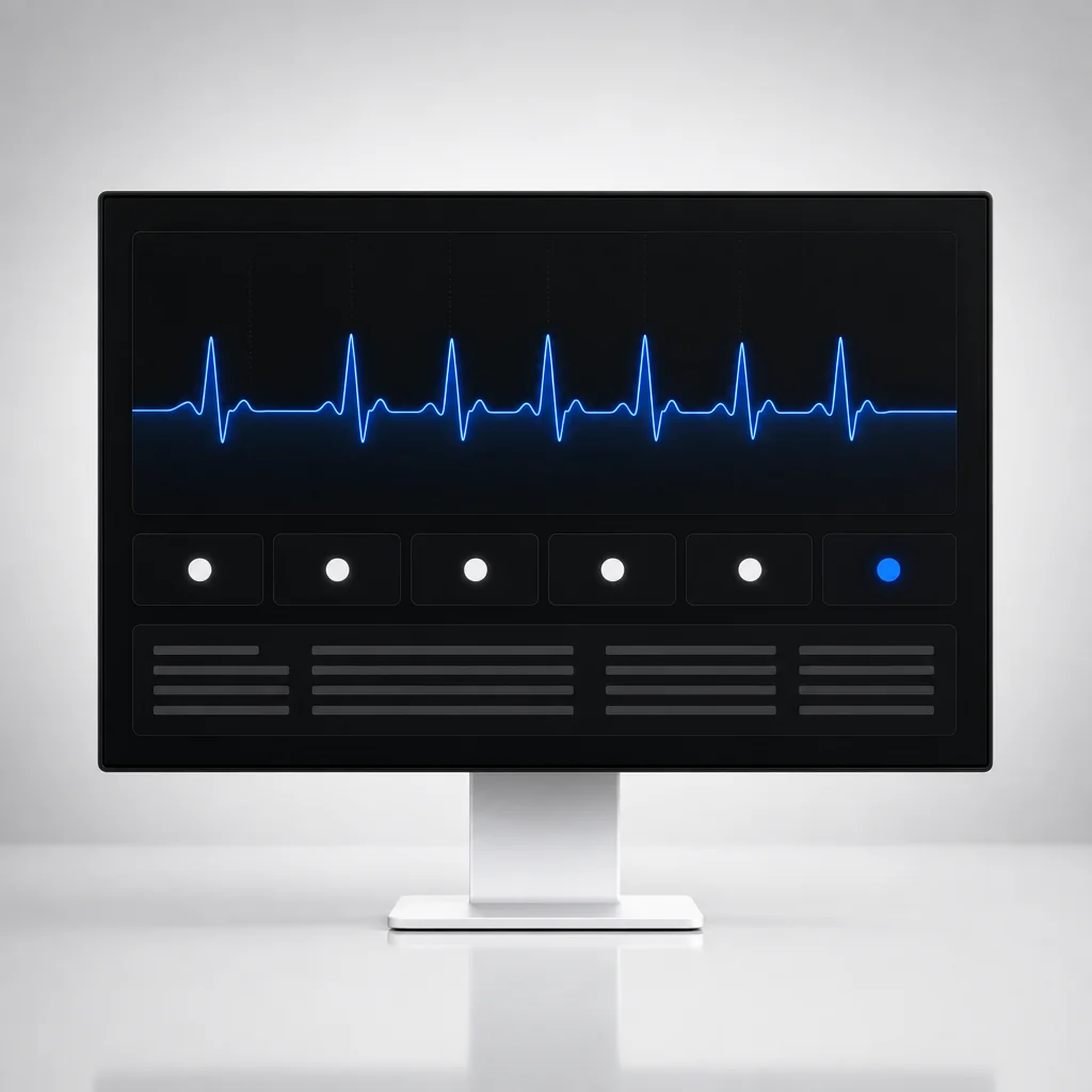 Operations dashboard monitor showing uptime pulse-line and status indicators