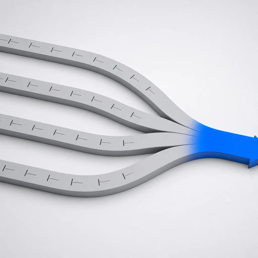 Four parallel workstream paths converging into one signal-blue line