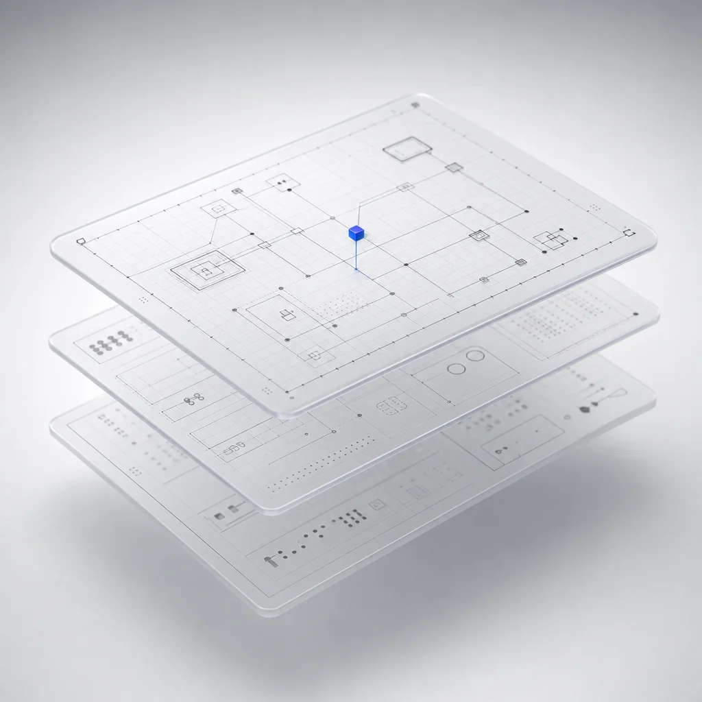 Layered architecture blueprint cards with a signal-blue annotation pin